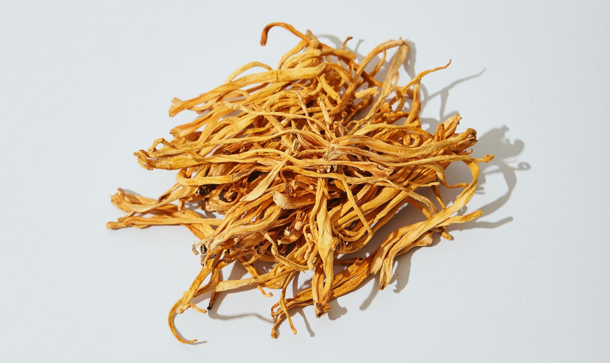 a pile of dried yellow flowers on a white surface